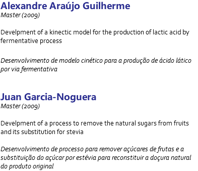 Alexandre Araújo Guilherme Master (2009) Develpment of a kinectic model for the production of lactic acid by fermentative process Desenvolvimento de modelo cinético para a produção de ácido lático por via fermentativa Juan Garcia-Noguera Master (2009) Develpment of a process to remove the natural sugars from fruits and its substitution for stevia Desenvolvimento de processo para remover açúcares de frutas e a substituição do açúcar por estévia para reconstituir a doçura natural do produto original