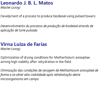 Leonardo J. B. L. Matos Master (2009) Develpment of a process to produce biodiesel using pulsed towers Desenvolvimento do processo de produção de biodiesel através de aplicação de torre pulsada Virna Luiza de Farias Master (2009) Optimization of drying conditions for Metharhizium anisopliae aiming high viability after rehydration in the field. Otimização das condições de secagem de Metharhizium anisopliae de forma a se obter alta viabilidade após rehidratação deste microorganismo em campo 