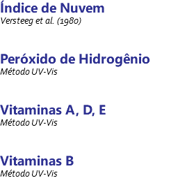 Índice de Nuvem Versteeg et al. (1980) Peróxido de Hidrogênio Método UV-Vis Vitaminas A, D, E Método UV-Vis Vitaminas B Método UV-Vis 