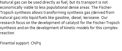 Natural gas can be used directly as fuel, but its transport is not economically viable to less populational dense areas. The Fischer-Tropsch synthesis allows transforming synthesis gas (derived from natural gas) into liquid fuels like gasoline, diesel, kerosene. Our research focus on the development of catalyst for the Fischer-Tropsch synthesis and on the development of kinetic models for this complex reaction. Finantial support: CNPq 